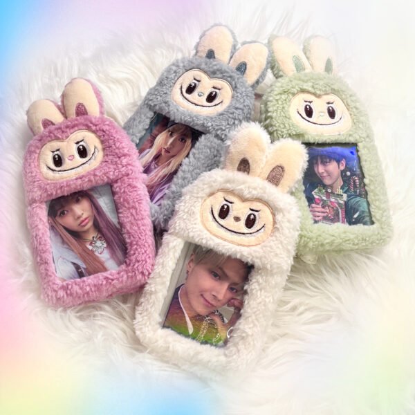 CHLD03 Labubu Photocard Holder by CottonKoko. Labubu-themed fluffy photocard holders in green, gray, pink, and white colors showcasing Kpop idols photocards in a cozy design from CottonKoko.