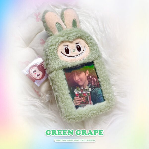 Green Grape Labubu photocard holder, featuring soft pastel aesthetics and a plush finish for securely holding your Kpop idol photocard by CottonKoko.