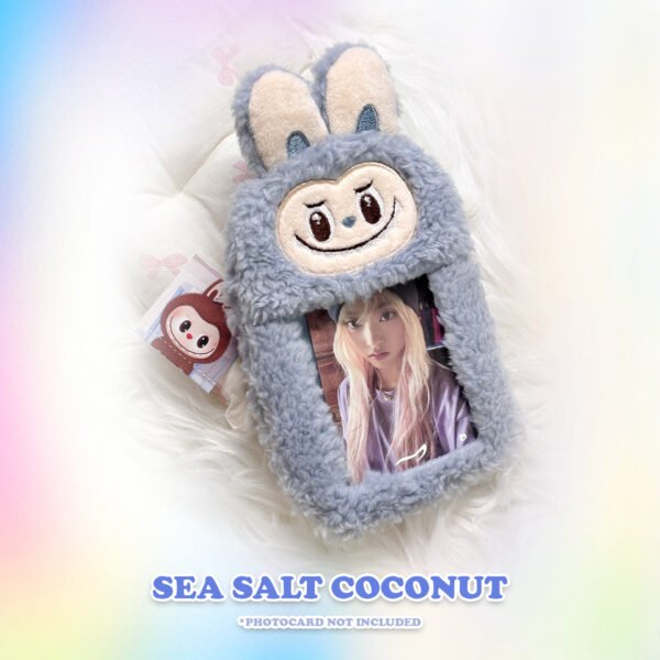 Sea Salt Coconut Labubu photocard holder with a gray fluffy design, offering stylish and secure storage for Kpop photocard collections by CottonKoko.