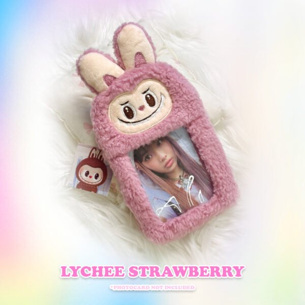 Lychee Strawberry Labubu photocard holder in pink, perfect for keeping Kpop photocards protected and adding a touch of pastel flair by CottonKoko.