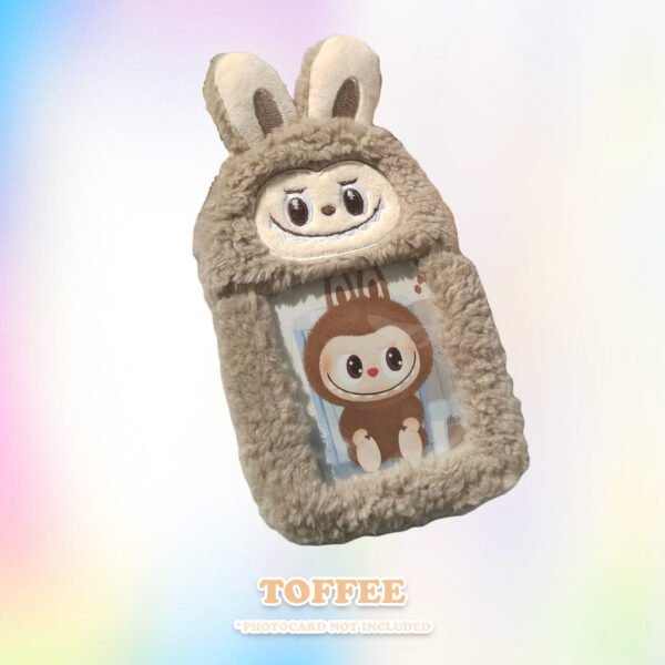 Toffee Labubu photocard holder in a soft light brown shade, designed for Kpop fans to store their idol photocards safely and adorably, by CottonKoko.