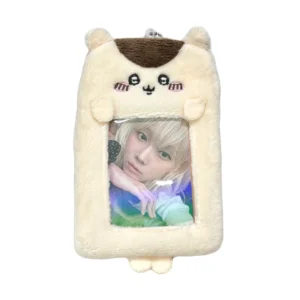 Close-up of the Kurimanju photocard holder in beige plush with a cute brown top accent. Comes with a keychain attachment and a transparent photocard window by CottonKoko.