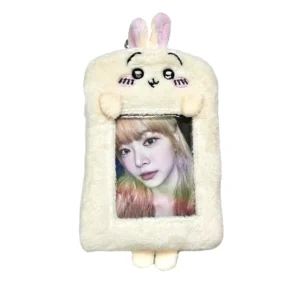 Usagi bunny photocard holder in cream-colored plush, featuring adorable pink ears and a transparent window for displaying cards or IDs. Includes a keychain by CottonKoko.